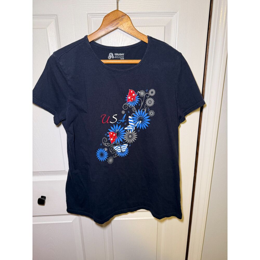 Holiday Editions Women's XL USA Patriotic Butterfly Graphic T-Shirt Navy